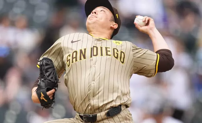 San Diego Padres relief pitcher Yuki Matsui works against the Colorado Rockies in the seventh inning of a baseball game Thursday, April 25, 2024, in Denver. (AP Photo/David Zalubowski)