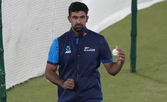 New Zealand's Ish Sodhi attends a practice session in Rawalpindi, Pakistan, Tuesday, April 16, 2024. (AP Photo/Anjum Naveed)