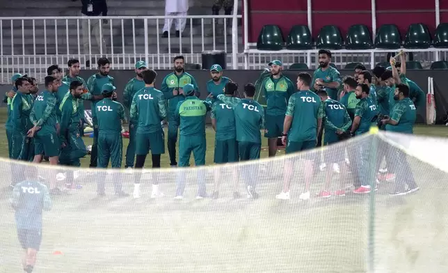 Pakistan's cricket players attend team meeting ahead of a practice session in Rawalpindi, Pakistan, Tuesday, April 16, 2024. (AP Photo/Anjum Naveed)