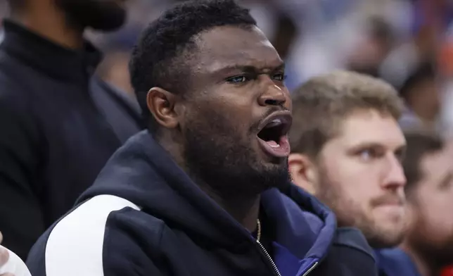 New Orleans Pelicans forward Zion Williamson shouts from the bench during the second half in Game 2 of the team's NBA basketball first-round playoff series against the Oklahoma City Thunder, Wednesday, April 24, 2024, in Oklahoma City. (AP Photo/Nate Billings)
