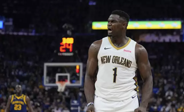 New Orleans Pelicans forward Zion Williamson reacts during the first half of an NBA basketball game against the Golden State Warriors, Friday, April 12, 2024, in San Francisco. (AP Photo/Godofredo A. Vásquez)