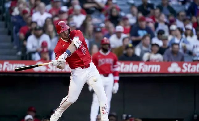 Los Angeles Angels' Mike Trout grounds out to Philadelphia Phillies second baseman Bryson Stott during the first inning of a baseball game, Monday, April 29, 2024, in Anaheim, Calif. (AP Photo/Ryan Sun)