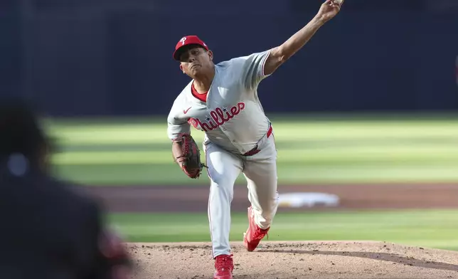 Philadelphia Phillies starting pitcher Ranger Suárez throws to a San Diego Padres batter during the first inning of a baseball game Saturday, April 27, 2024, in San Diego. (AP Photo/Brandon Sloter)