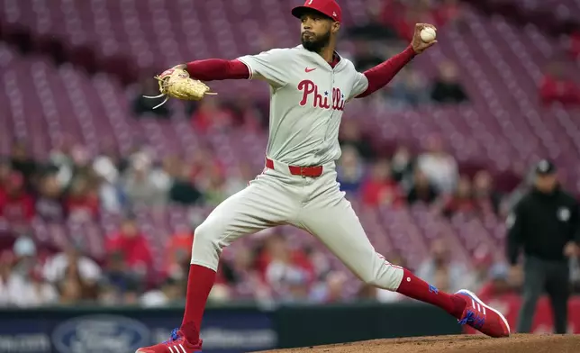 Philadelphia Phillies starting pitcher Cristopher Sánchez throws in the first inning of a baseball game against the Cincinnati Reds on Tuesday, April 23, 2024, in Cincinnati. (AP Photo/Carolyn Kaster)