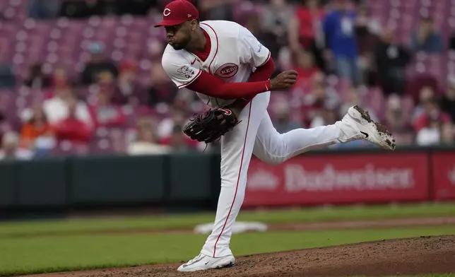 Cincinnati Reds starting pitcher Hunter Greene follows through in the forth inning of a baseball game against the Philadelphia Phillies, Monday, April 22, 2024, in Cincinnati. (AP Photo/Carolyn Kaster)