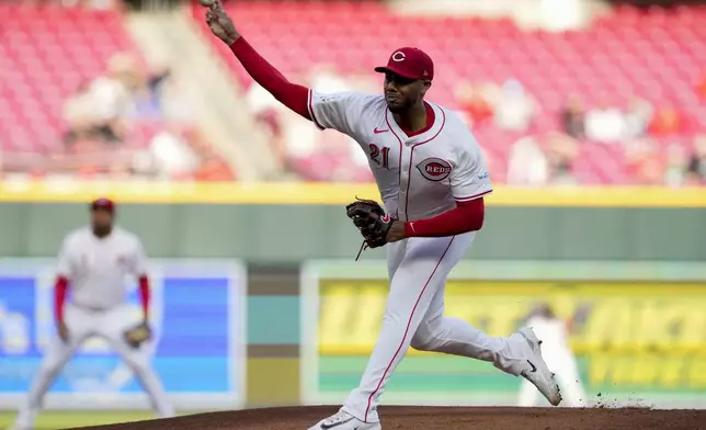 Cincinnati Reds starting pitcher Hunter Greene throws in the first inning of a baseball game against the Philadelphia Phillies, Monday, April 22, 2024, in Cincinnati. (AP Photo/Carolyn Kaster)
