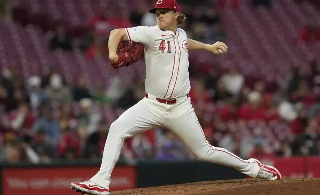 Cincinnati Reds starting pitcher Andrew Abbott throws in the second inning of a baseball game against the Philadelphia Phillies on Tuesday, April 23, 2024, in Cincinnati. (AP Photo/Carolyn Kaster)