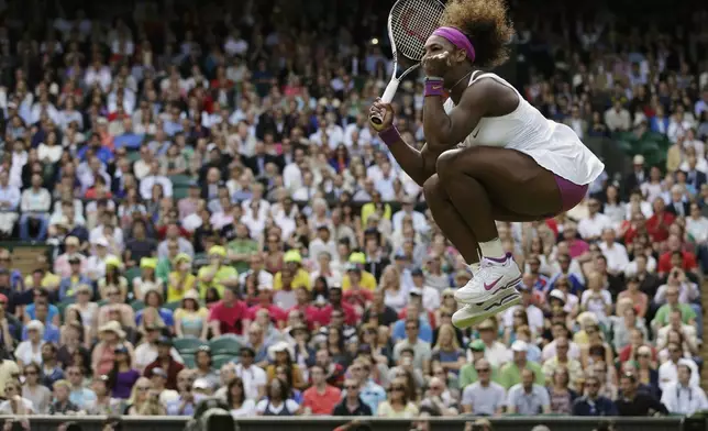 FILE - Serena Williams of the United States reacts after winning against Zheng Jie of China during a third round women's singles match at the All England Lawn Tennis Championships at Wimbledon, England, Saturday, June 30, 2012. (AP Photo/Anja Niedringhaus, File)