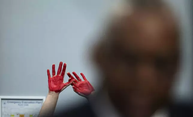 The stained hands of a demonstrator are held up behind Secretary of Defense Lloyd Austin protesting Israel's military action in Gaza, with U.S. weapons during a House Committee on Appropriations, Subcommittee on Defense budget hearing Fiscal Year 2025 on Capitol Hill, Wednesday, April 17, 2024 in Washington. (AP Photo/John McDonnell)