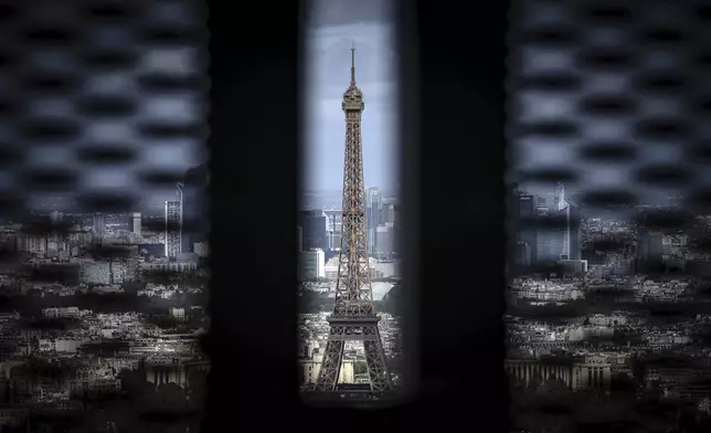 A view of the Eiffel Tower, in Paris, Monday, April 15, 2024. (AP Photo/Aurelien Morissard)
