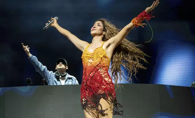 Shakira performs with Bizarrap during the first weekend of the Coachella Valley Music and Arts Festival at Empire Polo Club in Indio, Calif., April 12, 2024. (Photo by Amy Harris/Invision/AP)