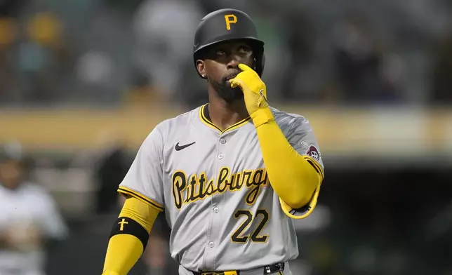 Pittsburgh Pirates' Andrew McCutchen walks to the dugout after striking out against the Oakland Athletics during the sixth inning of a baseball game in Oakland, Calif., Monday, April 29, 2024. (AP Photo/Jeff Chiu)