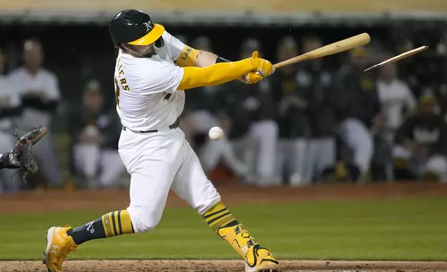 Oakland Athletics' Shea Langeliers breaks his bat while fouling off a pitch during the eighth inning of a baseball game against the Pittsburgh Pirates in Oakland, Calif., Monday, April 29, 2024. (AP Photo/Jeff Chiu)