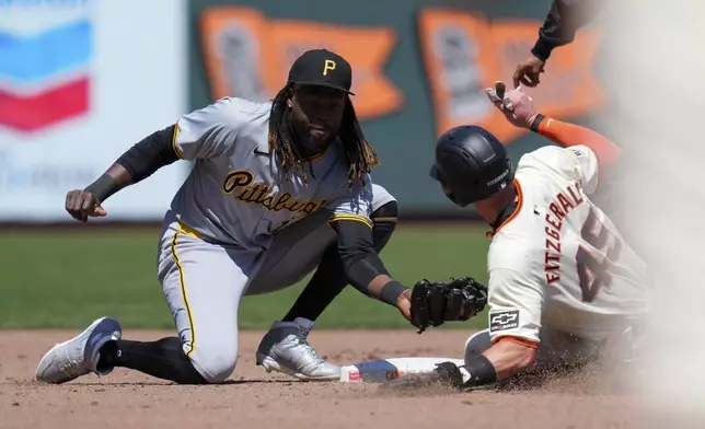Pittsburgh Pirates shortstop Oneil Cruz, left, tags out San Francisco Giants' Tyler Fitzgerald, right, at second for a double play during the fifth inning of a baseball game Sunday, April 28, 2024, in San Francisco. (AP Photo/Godofredo A. Vásquez)