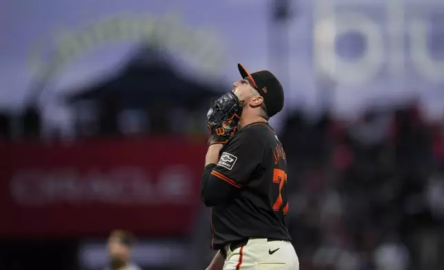 San Francisco Giants' Luke Jackson reacts after pitching against the Pittsburgh Pirates in the seventh inning of a baseball game Saturday, April 27, 2024, in San Francisco. (AP Photo/Godofredo A. Vásquez)