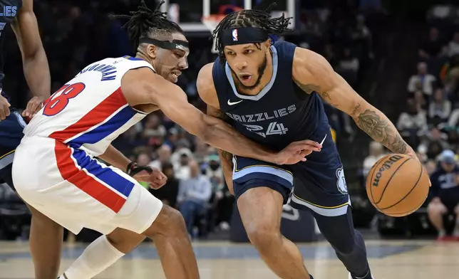 Memphis Grizzlies forward Lamar Stevens (24) drives against Detroit Pistons forward Tosan Evbuomwan (18) in the second half of an NBA basketball game Friday, April 5, 2024, in Memphis, Tenn. (AP Photo/Brandon Dill)