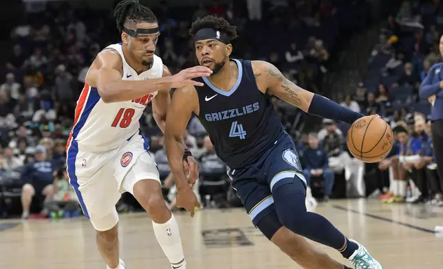 Memphis Grizzlies guard Jordan Goodwin (4) drives against Detroit Pistons forward Tosan Evbuomwan (18) during the second half of an NBA basketball game Friday, April 5, 2024, in Memphis, Tenn. (AP Photo/Brandon Dill)