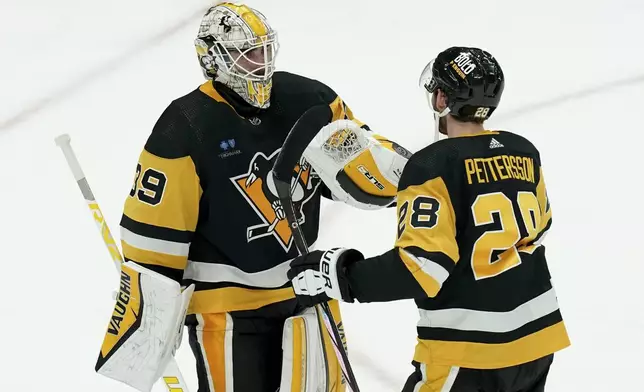 Pittsburgh Penguins' Marcus Pettersson (28) congratulates goaltender Alex Nedeljkovic (39) after defeating the Nashville Predators in an NHL hockey game, Monday, April 15, 2024, in Pittsburgh. (AP Photo/Matt Freed)