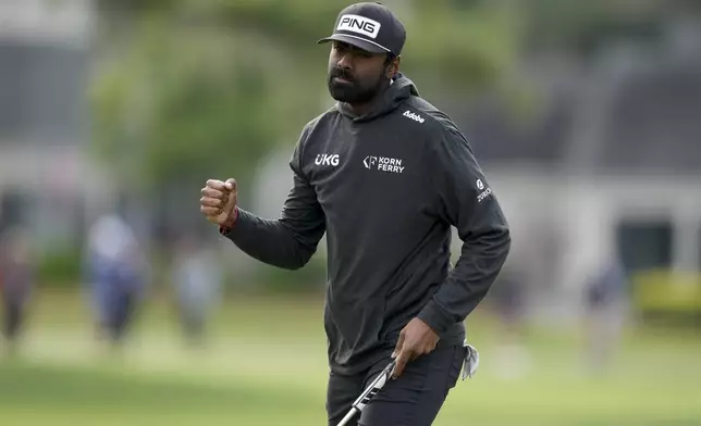 Sahith Theegala celebrates after a birdie on the 16th hole during the completion of the weather delayed final round at the RBC Heritage golf tournament, Monday, April 22, 2024, in Hilton Head Island, S.C. (AP Photo/Chris Carlson)