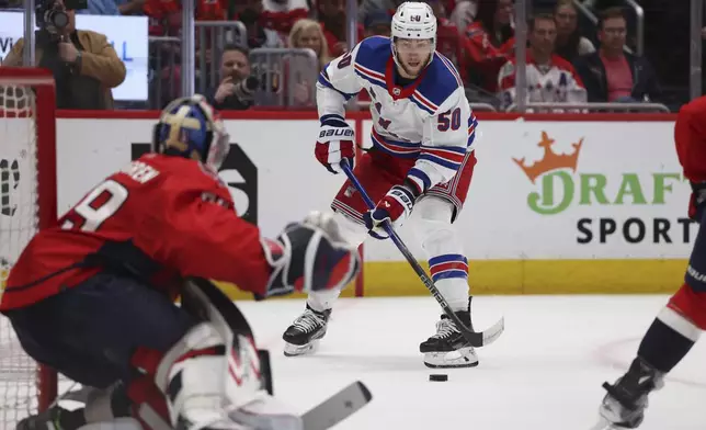 New York Rangers left wing Will Cuylle (50) shoots during the second period in Game 4 of an NHL hockey Stanley Cup first-round playoff series against the Washington Capitals, Sunday, April 28, 2024, in Washington. (AP Photo/Tom Brenner)
