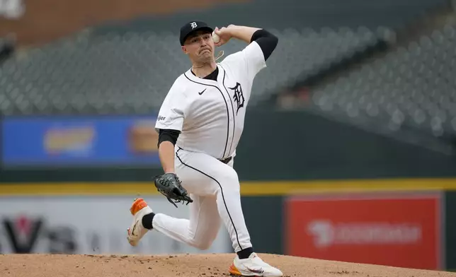 Detroit Tigers pitcher Tarik Skubal throws against the Texas Rangers in the first inning of a baseball game, Wednesday, April 17, 2024, in Detroit. (AP Photo/Paul Sancya)