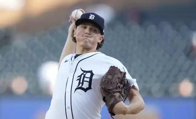 Detroit Tigers pitcher Reese Olson throws during the first inning of a baseball game against the Texas Rangers, Monday, April 15, 2024, in Detroit. (AP Photo/Carlos Osorio)