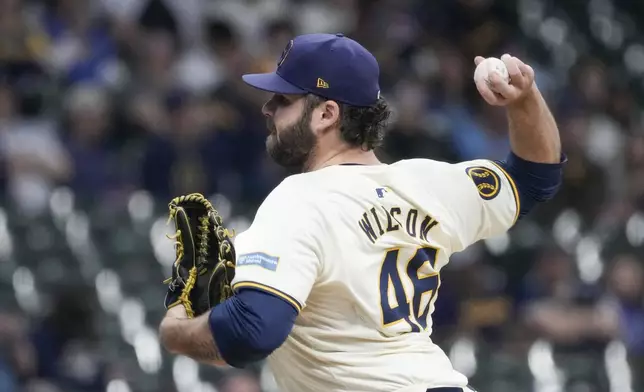 Milwaukee Brewers pitcher Bryse Wilson throws during the first inning of a baseball game against the Tampa Bay Rays Monday, April 29, 2024, in Milwaukee. (AP Photo/Morry Gash)