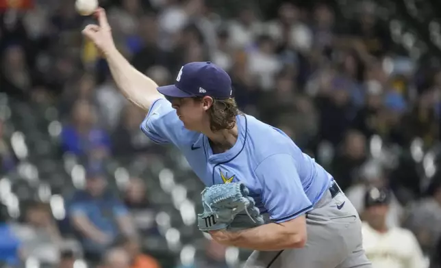Tampa Bay Rays pitcher Ryan Pepiot throws during the first inning of a baseball game against the Milwaukee Brewers Monday, April 29, 2024, in Milwaukee. (AP Photo/Morry Gash)