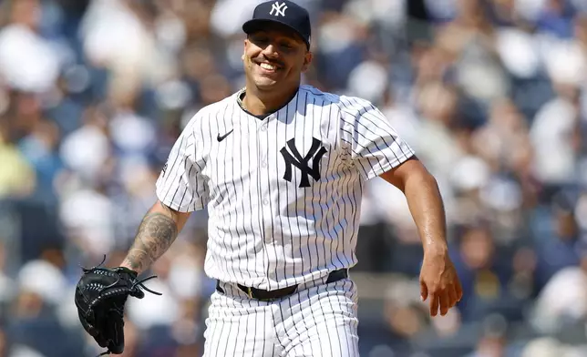 New York Yankees pitcher Nestor Cortes (65) reacts after a pitch during the seventh inning inning of a baseball game against the Tampa Bay Rays, Saturday, April 20, 2024 in New York. (AP Photo/Noah K. Murray)