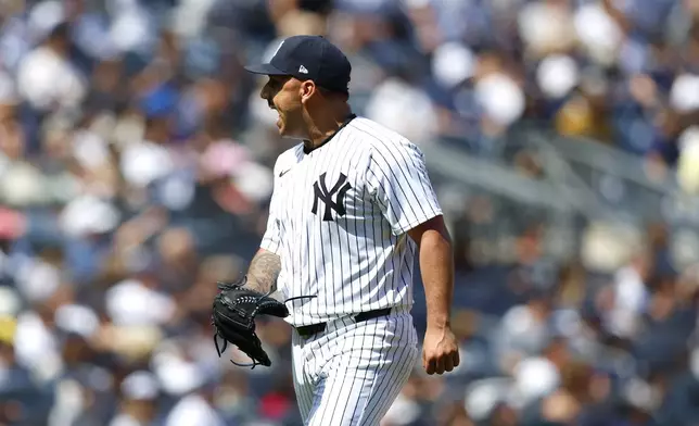 New York Yankees pitcher Nestor Cortes (65) reacts on his way to the dugout during the seventh inning inning of a baseball game against the Tampa Bay Rays, Saturday, April 20, 2024 in New York. (AP Photo/Noah K. Murray)