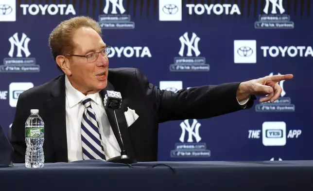 New York Yankees broadcaster John Sterling answers questions from reporters during a baseball press conference before a retirement ceremony at Yankee Stadium in New York, Saturday, April 20, 2024. (AP Photo/Noah K. Murray)