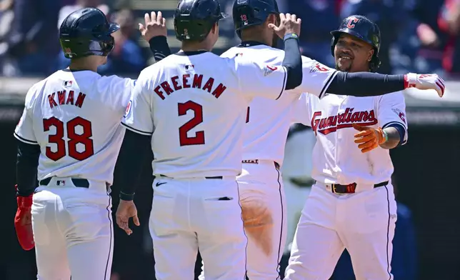 Cleveland Guardians' Jose Ramirez, right, is congratulated by Gabriel Arias (13), Tyler Freeman (2), Steven Kwan (38) after hitting a grand slam off Boston Red Sox starting pitcher Chase Anderson during the second inning of a baseball game, Thursday, April 25, 2024, in Cleveland. (AP Photo/David Dermer)