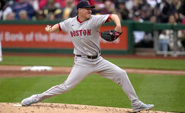 Boston Red Sox starting pitcher Josh Winckowski delivers during the second inning of a baseball game against the Pittsburgh Pirates in Pittsburgh, Sunday, April 21, 2024. (AP Photo/Gene J. Puskar)