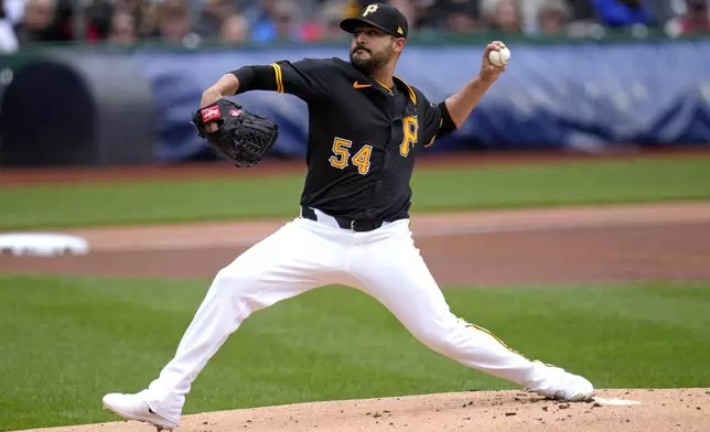 Pittsburgh Pirates starting pitcher Martín Pérez delivers during the first inning of a baseball game against the Boston Red Sox in Pittsburgh, Sunday, April 21, 2024. (AP Photo/Gene J. Puskar)