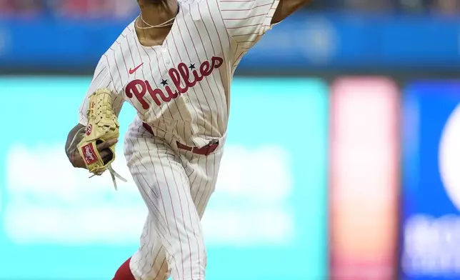 Philadelphia Phillies' Cristopher Sánchez pitches to a Colorado Rockies batter during the first inning of a baseball game Wednesday, April 17, 2024, in Philadelphia. (AP Photo/Matt Rourke)