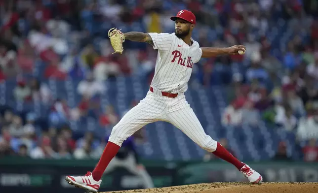 Philadelphia Phillies' Cristopher Sánchez pitches during the third inning of a baseball game against the Colorado Rockies, Wednesday, April 17, 2024, in Philadelphia. (AP Photo/Matt Rourke)