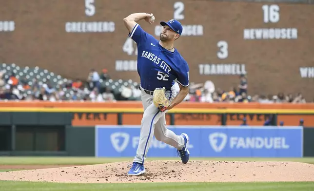 Kansas City Royals starting pitcher Michael Wacha throws to a Detroit Tigers batter in the first inning of a baseball game, Sunday, April 28, 2024, in Detroit. (AP Photo/Jose Juarez)