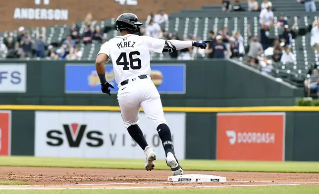 Detroit Tigers' Wenceel Pérez reacts after hitting a two-run home run against the Kansas City Royals in the first inning of a baseball game, Sunday, April 28, 2024, in Detroit. (AP Photo/Jose Juarez)