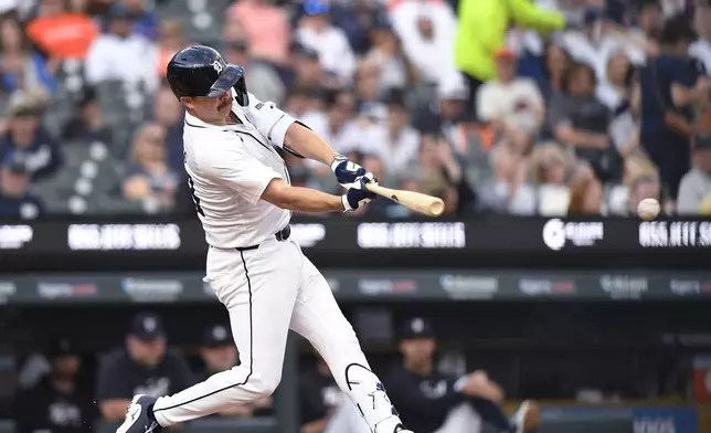 Detroit Tigers' Jake Rogers singles against the Kansas City Royals during the fourth inning of a baseball game Saturday, April 27, 2024, in Detroit. (AP Photo/Jose Juarez)