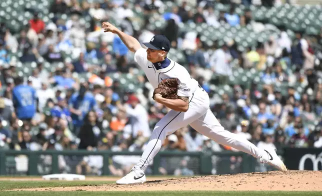 Detroit Tigers relief pitcher Alex Lange throws against the Kansas City Royals in the eighth inning of a baseball game, Friday, April. 26, 2024, in Detroit. (AP Photo/Jose Juarez)