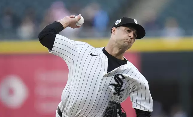 Chicago White Sox starting pitcher Nick Nastrini throws against the Kansas City Royals during the first inning of a baseball game Monday, April 15, 2024, in Chicago. (AP Photo/Erin Hooley)