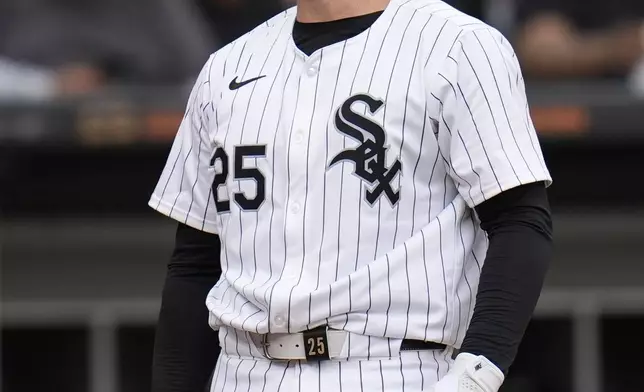 Chicago White Sox's Andrew Vaughn reacts to striking out during the third inning in the first baseball game of a doubleheader against the Kansas City Royals, Wednesday, April 17, 2024, in Chicago. (AP Photo/Erin Hooley)