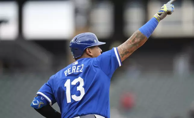 Kansas City Royals' Salvador Perez runs the bases after hitting a home run during the eighth inning of the first baseball game of a doubleheader against the Chicago White Sox, Wednesday, April 17, 2024, in Chicago. (AP Photo/Erin Hooley)