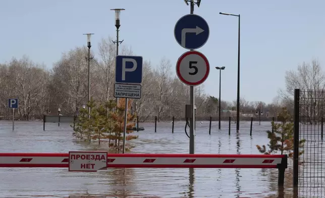 A view of a flooded area in Orenburg, Russia, Thursday, April 11, 2024. Russian officials are scrambling to help homeowners displaced by floods, as water levels have risen in the Ural River. The river's water level in the city of Orenburg was above 10 meters (33 feet) Wednesday, state news agency Ria Novosti reported, citing the regional governor. (AP Photo)