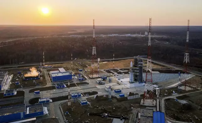In this photo released by Roscosmos space corporation on Monday, April 8, 2024 an Angara-A5 rocket is seen during preparation for the launch at Vostochny space launch facility outside the city of Tsiolkovsky, about 200 kilometers (125 miles) from the city of Blagoveshchensk in the far eastern Amur region, Russia. The Angara-A5 is a new heavy-lift rocket developed in Russia.(Roscosmos space corporation via AP)