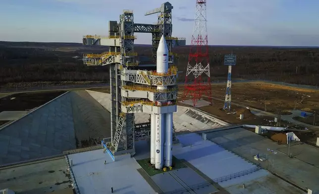 In this photo released by Roscosmos space corporation on Monday, April 8, 2024 an Angara-A5 rocket is seen during preparation for the launch at Vostochny space launch facility outside the city of Tsiolkovsky, about 200 kilometers (125 miles) from the city of Blagoveshchensk in the far eastern Amur region, Russia. The Angara-A5 is a new heavy-lift rocket developed in Russia.(Roscosmos space corporation via AP)