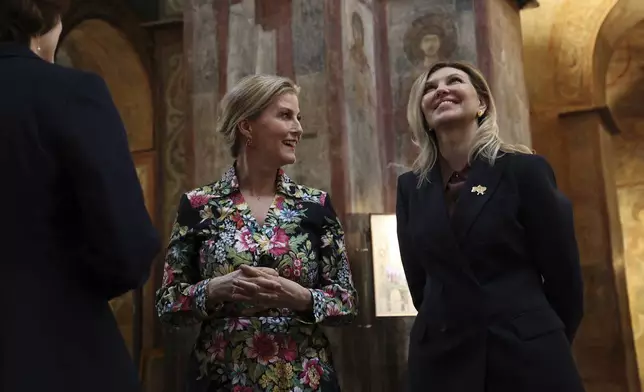 Britain's Duchess of Edinburgh Sophie, left, with the First Lady of Ukraine Olena Zelenska visit the Saint Sophia Cathedral in Kyiv, Monday April 29, 2024. (Anatolii Stepanov/Pool via AP)