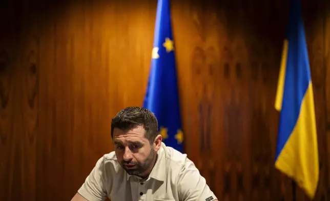 Davyd Arakhamia, a lawmaker with Ukrainian President Volodymyr Zelenskyy's Servant of the People party, talks during an interview with Associated Press in Kyiv, Ukraine, Monday, April 22, 2024. (AP Photo/Francisco Seco)