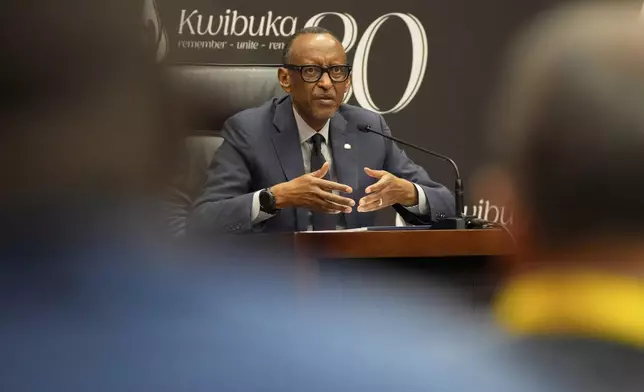 Rwanda's President Paul Kagame gives a press conference at Kigali Convention Centre in Kigali, Rwanda, Monday, April 8, 2024. Rwandans are commemorating 30 years since the genocide in which an estimated 800,000 people were killed by government-backed extremists, shattering this small east African country that continues to grapple with the horrific legacy of the massacres. (AP Photo/Brian Inganga)