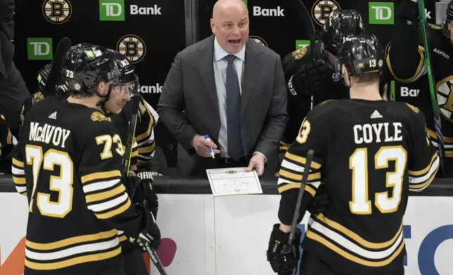 Boston Bruins coach Jim Montgomery discusses a play during the third period of the team's NHL hockey game against the Ottawa Senators, Tuesday, April 16, 2024, in Boston. (AP Photo/Charles Krupa)